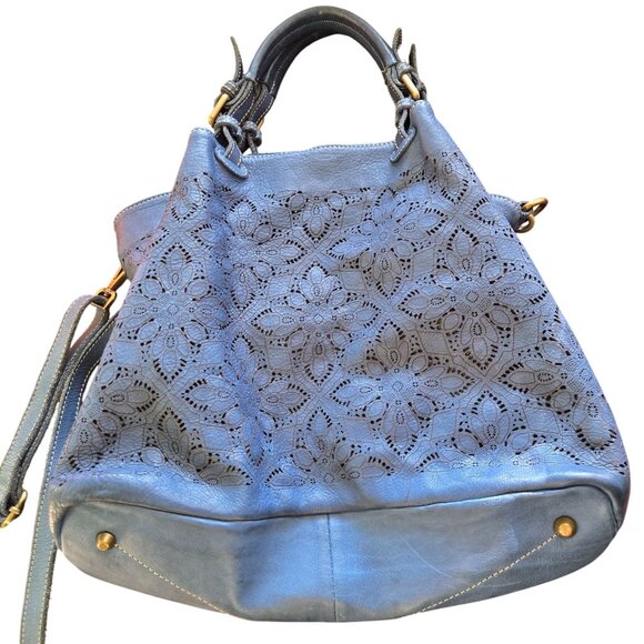 Sundance Medeira Blue Laser Cut Leather Shoulder Bag Satchel Double Top Handle - Picture 3 of 8